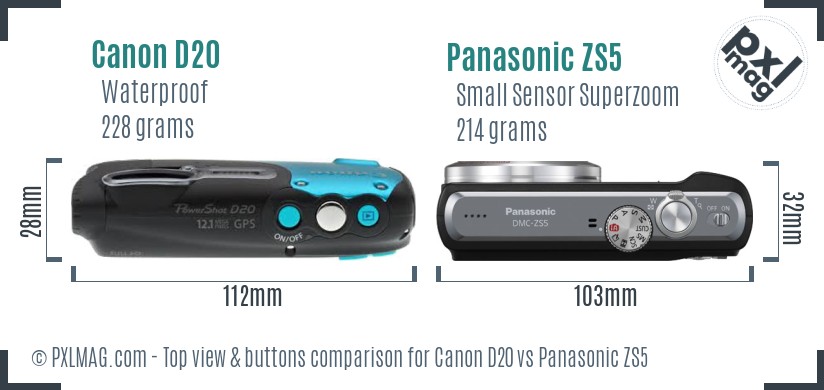 Canon D20 vs Panasonic ZS5 top view buttons comparison