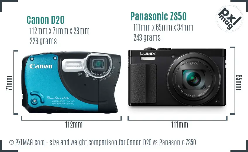 Canon D20 vs Panasonic ZS50 size comparison