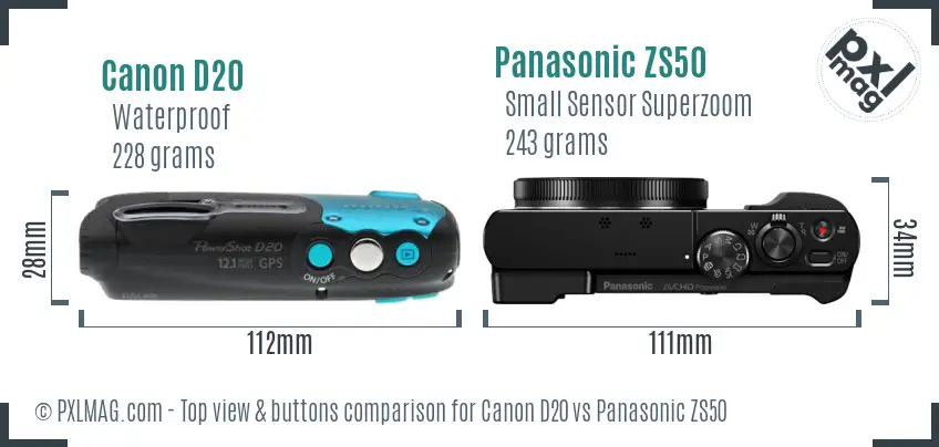 Canon D20 vs Panasonic ZS50 top view buttons comparison