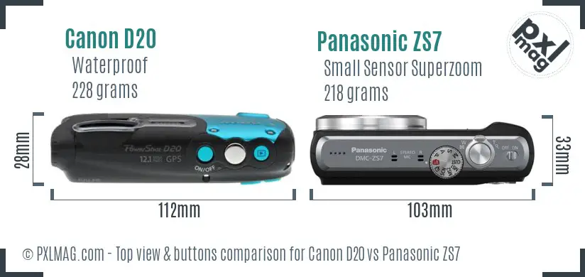 Canon D20 vs Panasonic ZS7 top view buttons comparison