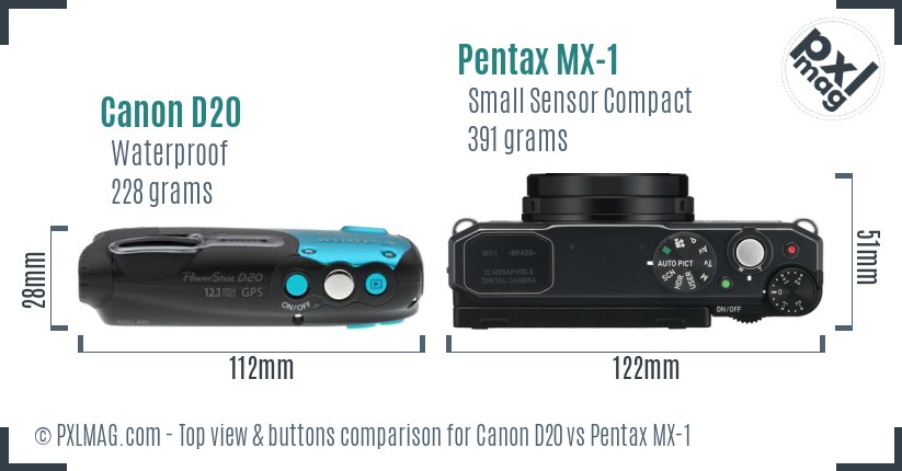 Canon D20 vs Pentax MX-1 top view buttons comparison