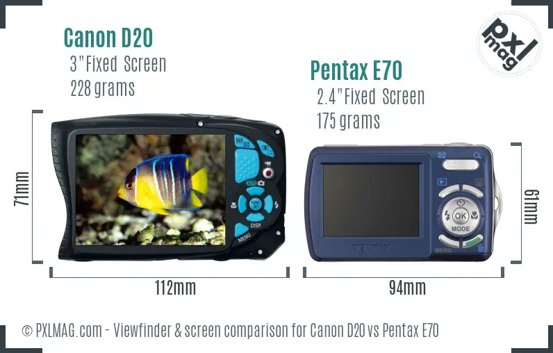 Canon D20 vs Pentax E70 Screen and Viewfinder comparison