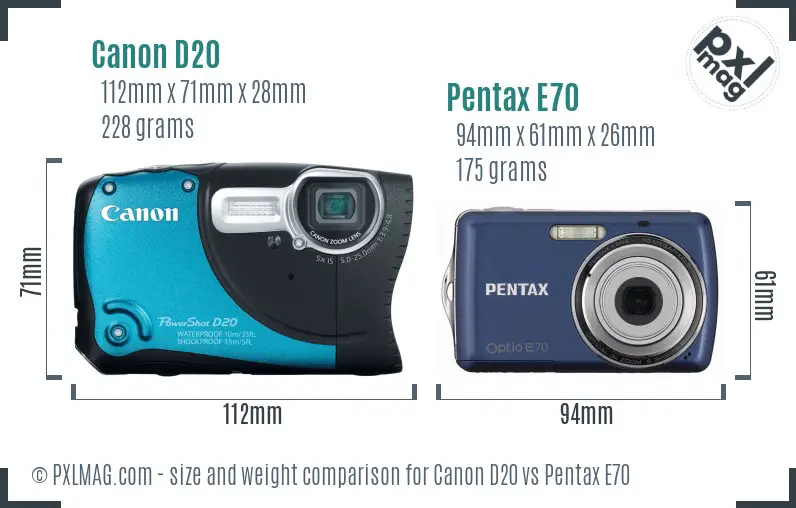 Canon D20 vs Pentax E70 size comparison