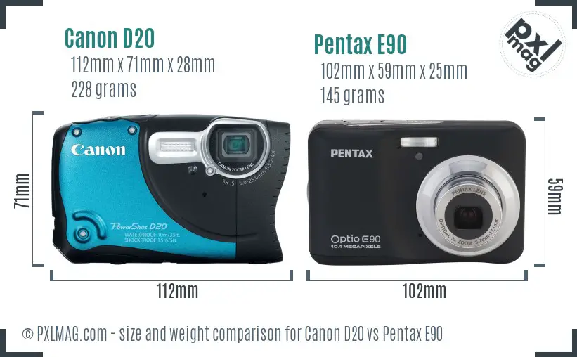 Canon D20 vs Pentax E90 size comparison
