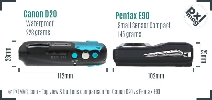 Canon D20 vs Pentax E90 top view buttons comparison