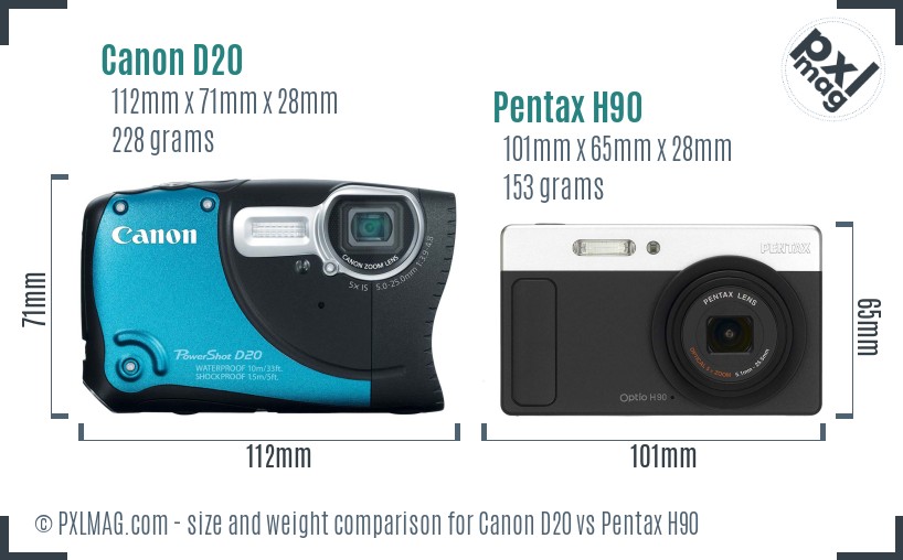 Canon D20 vs Pentax H90 size comparison Canon D20 vs Pentax H90 size comparison