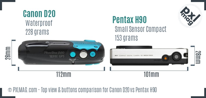 Canon D20 vs Pentax H90 top view buttons comparison