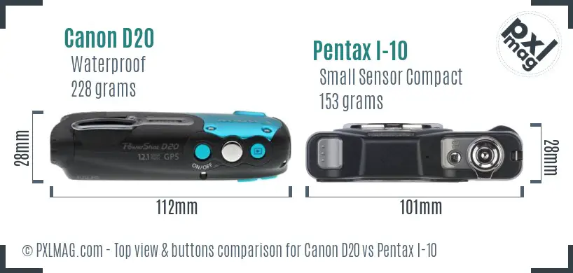 Canon D20 vs Pentax I-10 top view buttons comparison Canon D20 vs Pentax I-10 top view buttons comparison