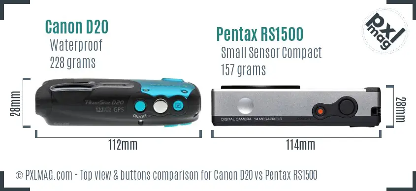 Canon D20 vs Pentax RS1500 top view buttons comparison