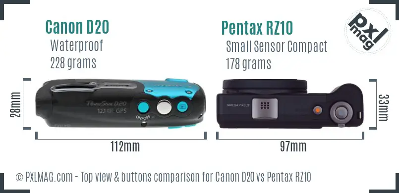 Canon D20 vs Pentax RZ10 top view buttons comparison