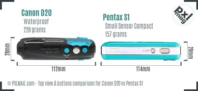 Canon D20 vs Pentax S1 top view buttons comparison