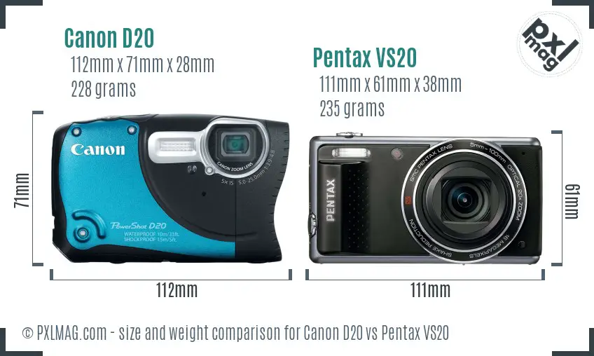 Canon D20 vs Pentax VS20 size comparison