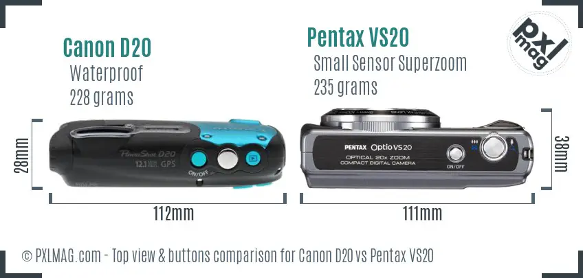 Canon D20 vs Pentax VS20 top view buttons comparison