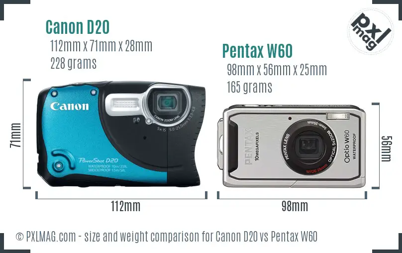 Canon D20 vs Pentax W60 size comparison