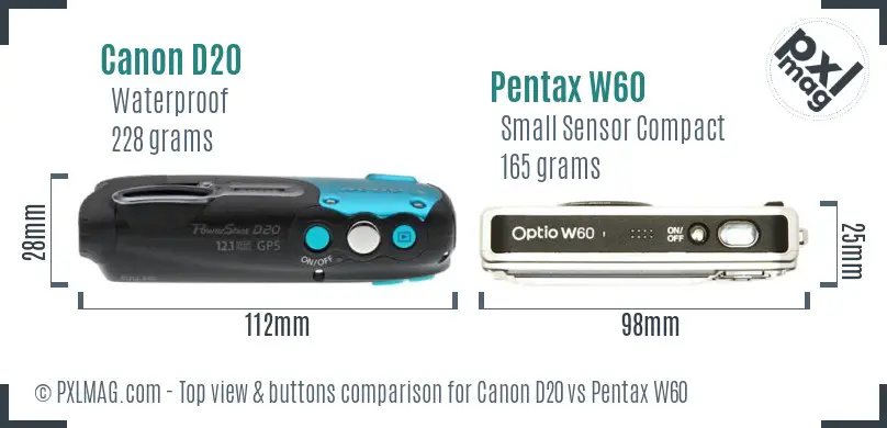 Canon D20 vs Pentax W60 top view buttons comparison