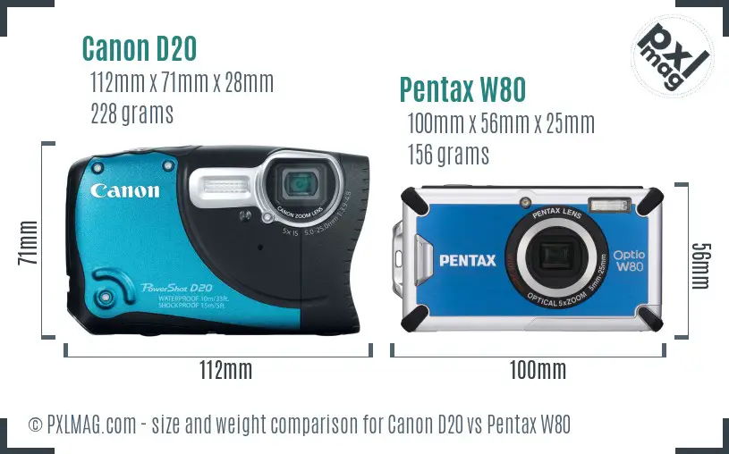 Canon D20 vs Pentax W80 size comparison Canon D20 vs Pentax W80 size comparison