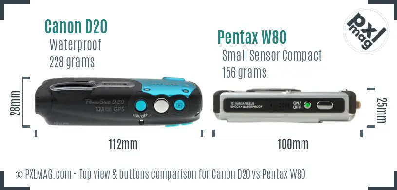 Canon D20 vs Pentax W80 top view buttons comparison Canon D20 vs Pentax W80 top view buttons comparison