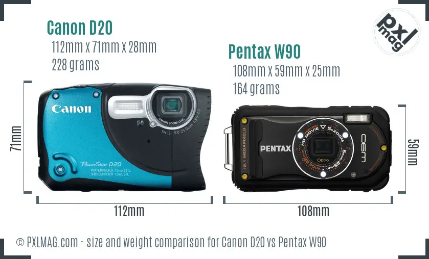 Canon D20 vs Pentax W90 size comparison