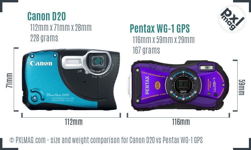 Canon D20 vs Pentax WG-1 GPS size comparison Canon D20 vs Pentax WG-1 GPS size comparison