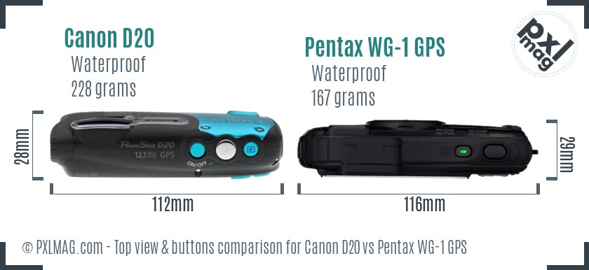 Canon D20 vs Pentax WG-1 GPS top view buttons comparison