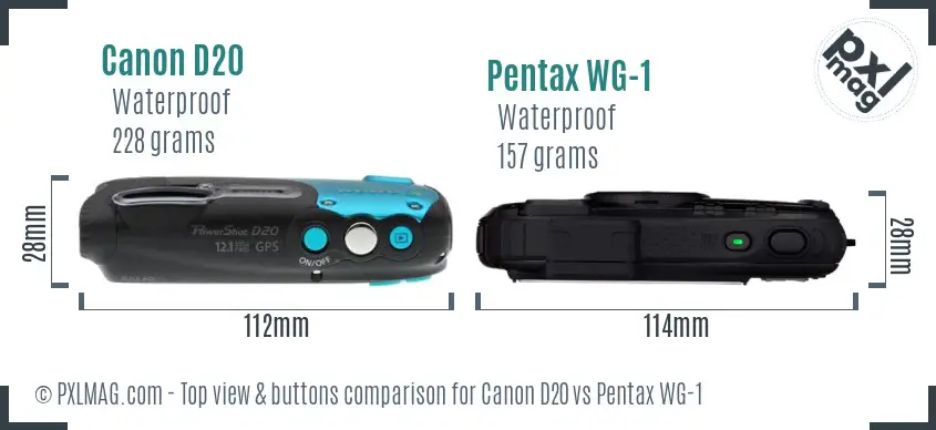 Canon D20 vs Pentax WG-1 top view buttons comparison