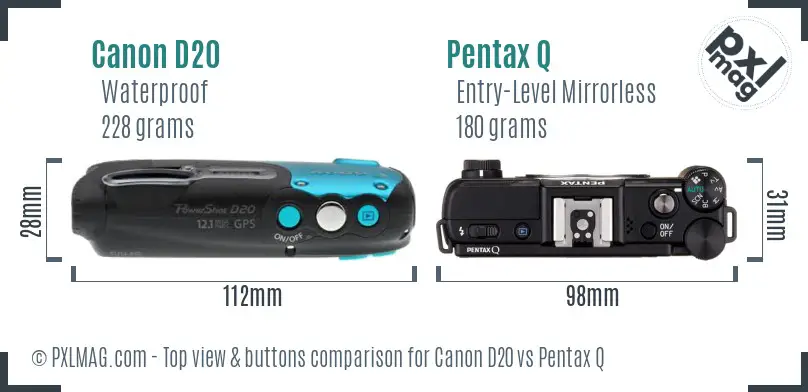Canon D20 vs Pentax Q top view buttons comparison