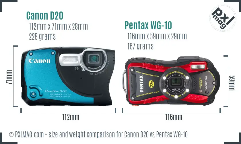 Canon D20 vs Pentax WG-10 size comparison
