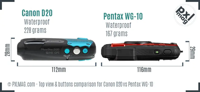 Canon D20 vs Pentax WG-10 top view buttons comparison