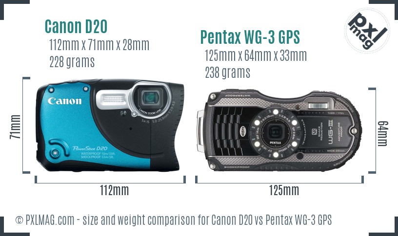 Canon D20 vs Pentax WG-3 GPS size comparison
