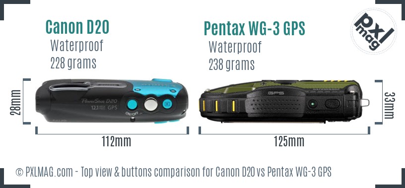 Canon D20 vs Pentax WG-3 GPS top view buttons comparison