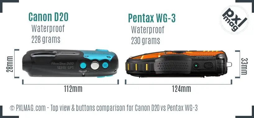 Canon D20 vs Pentax WG-3 top view buttons comparison