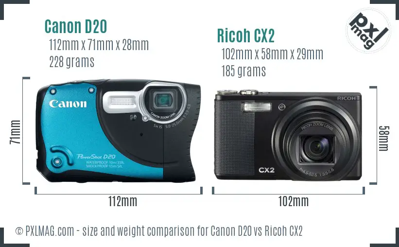 Canon D20 vs Ricoh CX2 size comparison