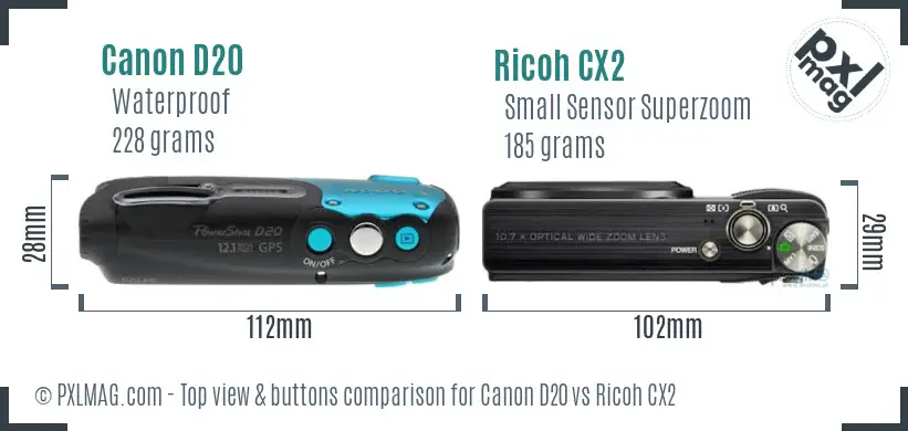 Canon D20 vs Ricoh CX2 top view buttons comparison