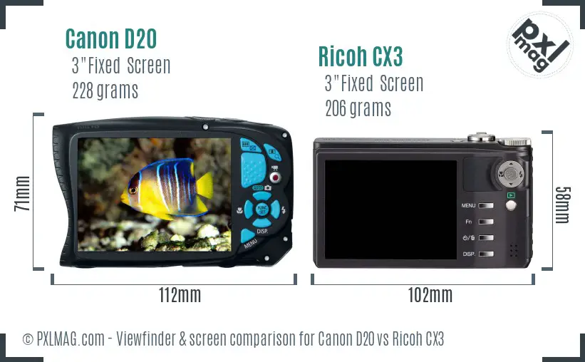 Canon D20 vs Ricoh CX3 Screen and Viewfinder comparison