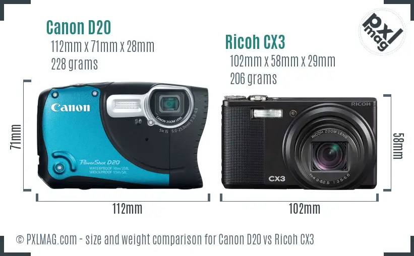Canon D20 vs Ricoh CX3 size comparison
