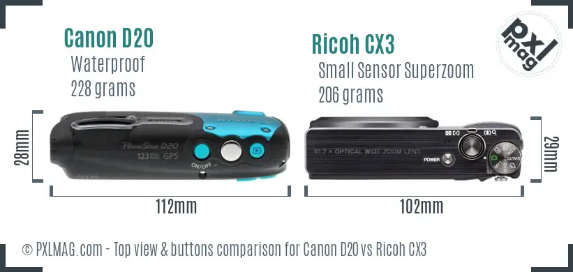 Canon D20 vs Ricoh CX3 top view buttons comparison