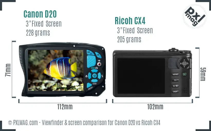 Canon D20 vs Ricoh CX4 Screen and Viewfinder comparison