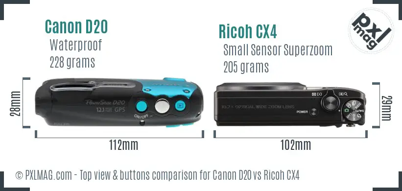 Canon D20 vs Ricoh CX4 top view buttons comparison