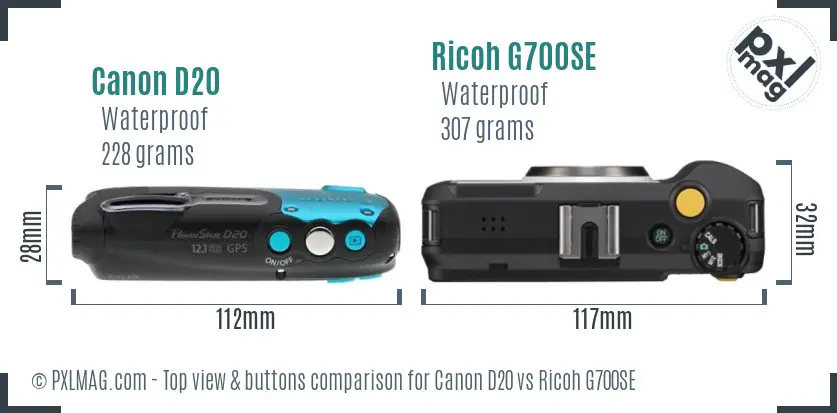 Canon D20 vs Ricoh G700SE top view buttons comparison