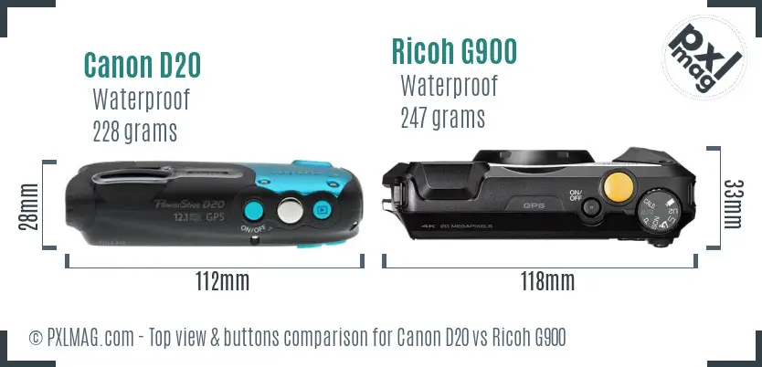 Canon D20 vs Ricoh G900 top view buttons comparison
