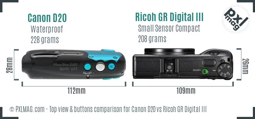 Canon D20 vs Ricoh GR Digital III top view buttons comparison Canon D20 vs Ricoh GR Digital III top view buttons comparison
