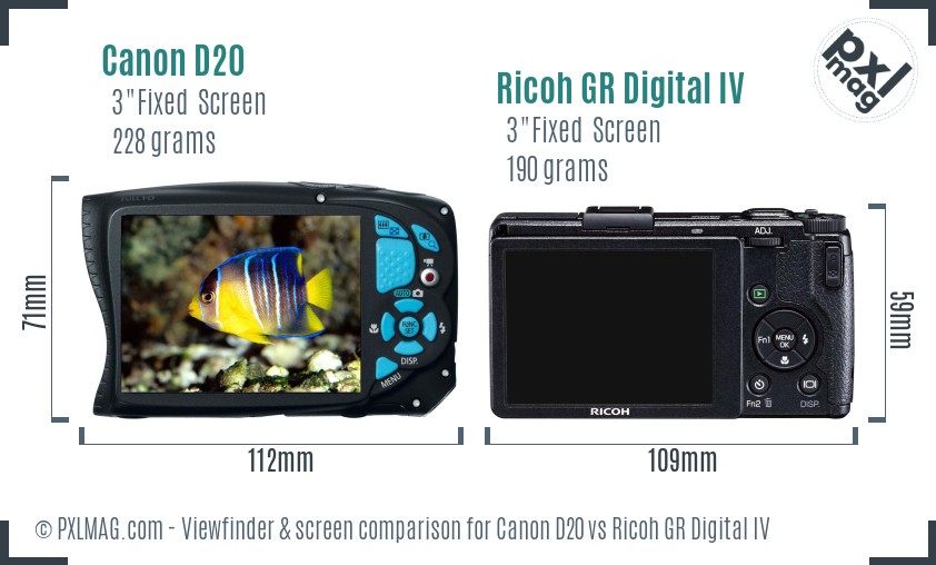 Canon D20 vs Ricoh GR Digital IV Screen and Viewfinder comparison