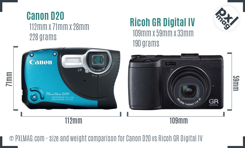 Canon D20 vs Ricoh GR Digital IV size comparison Canon D20 vs Ricoh GR Digital IV size comparison