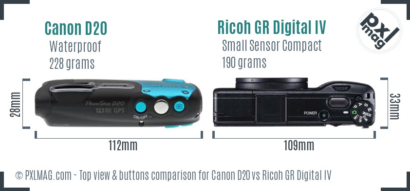 Canon D20 vs Ricoh GR Digital IV top view buttons comparison