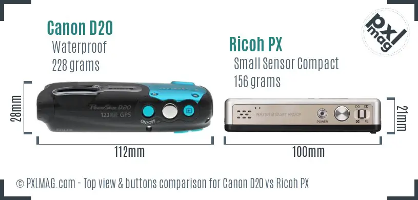 Canon D20 vs Ricoh PX top view buttons comparison