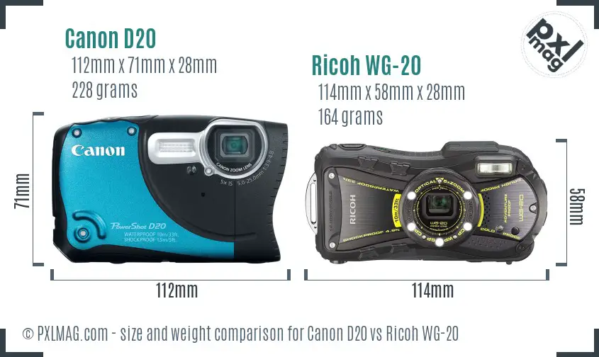 Canon D20 vs Ricoh WG-20 size comparison