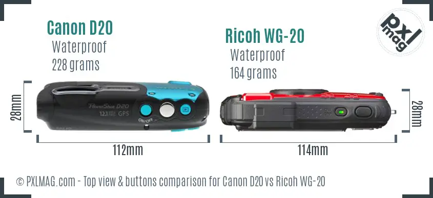 Canon D20 vs Ricoh WG-20 top view buttons comparison