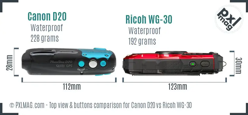 Canon D20 vs Ricoh WG-30 top view buttons comparison Canon D20 vs Ricoh WG-30 top view buttons comparison