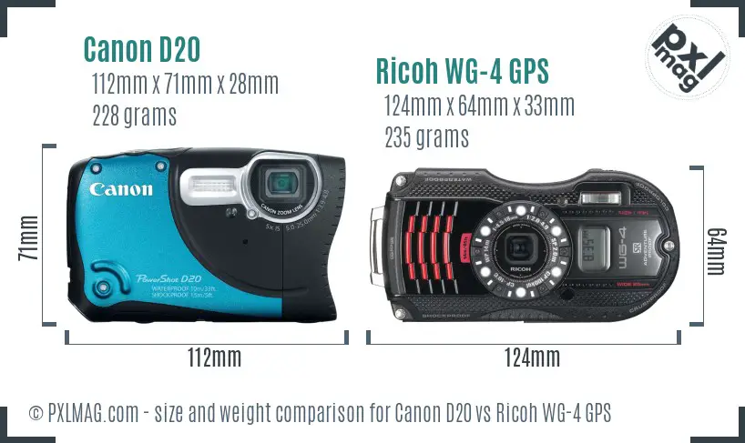 Canon D20 vs Ricoh WG-4 GPS size comparison
