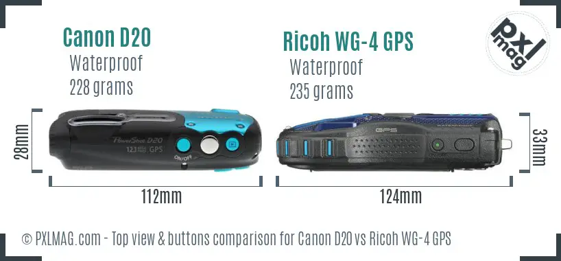 Canon D20 vs Ricoh WG-4 GPS top view buttons comparison